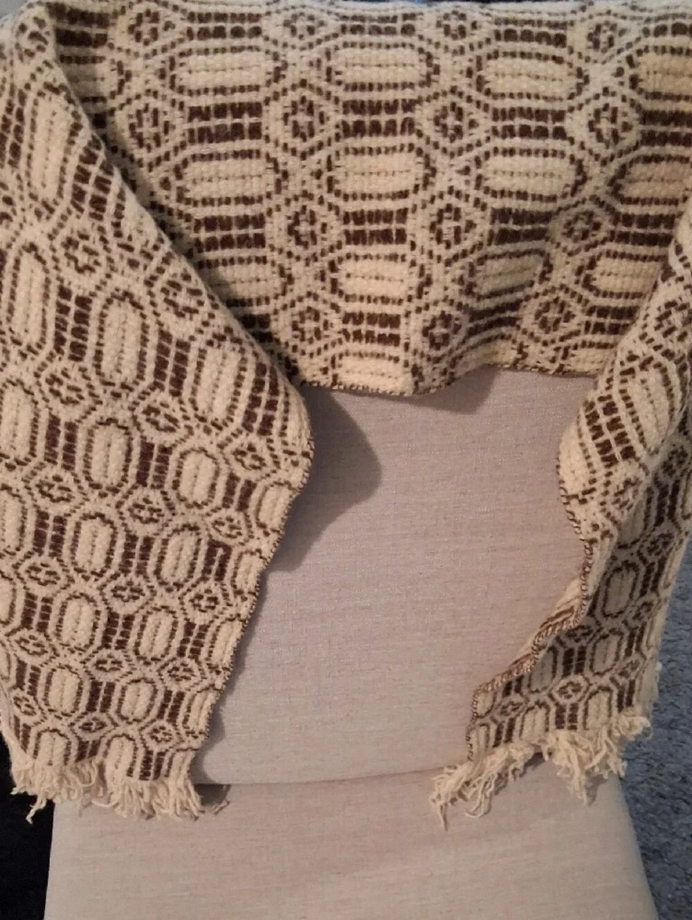 DownEast Cream and Brown Patterned Fringe Scarf
